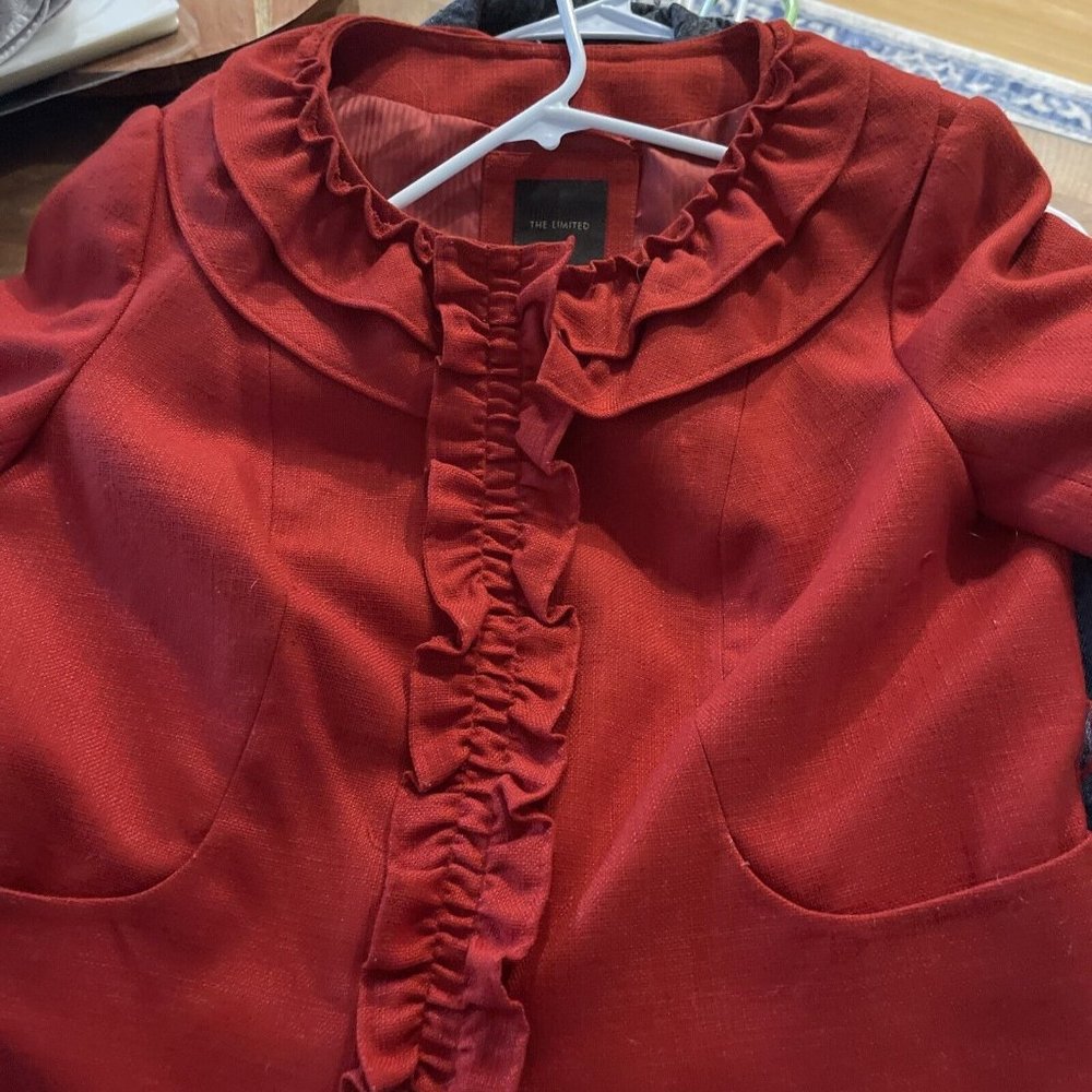 The Limited Cropped Woven Jacket Ruffle‎ Front Short Sleeve Sunset Red Large